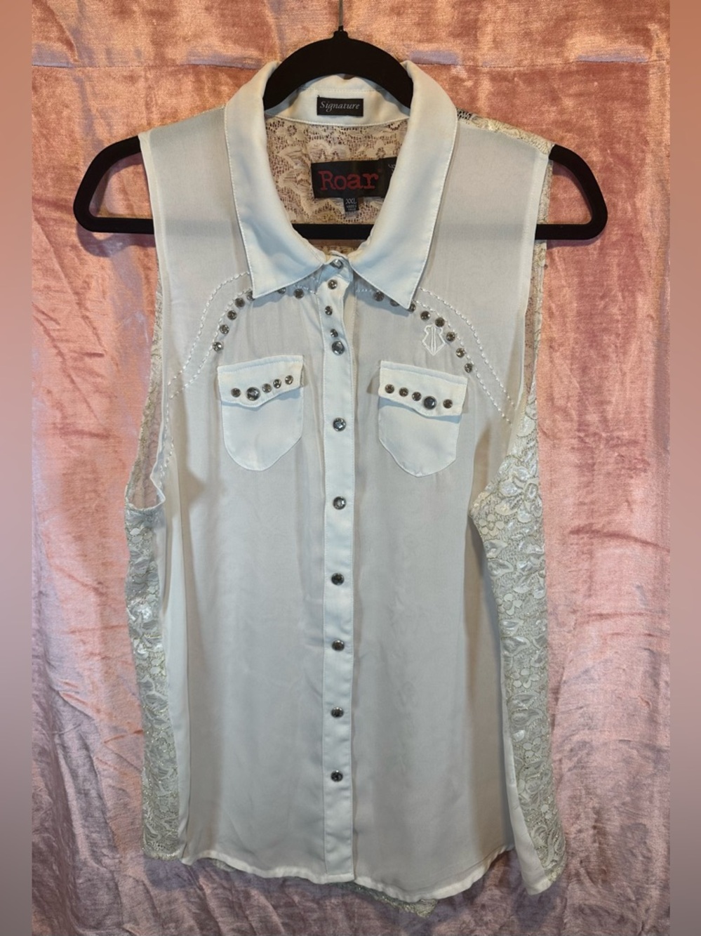 Roar White Studded Lace-Back Sleeveless Button-Front Top